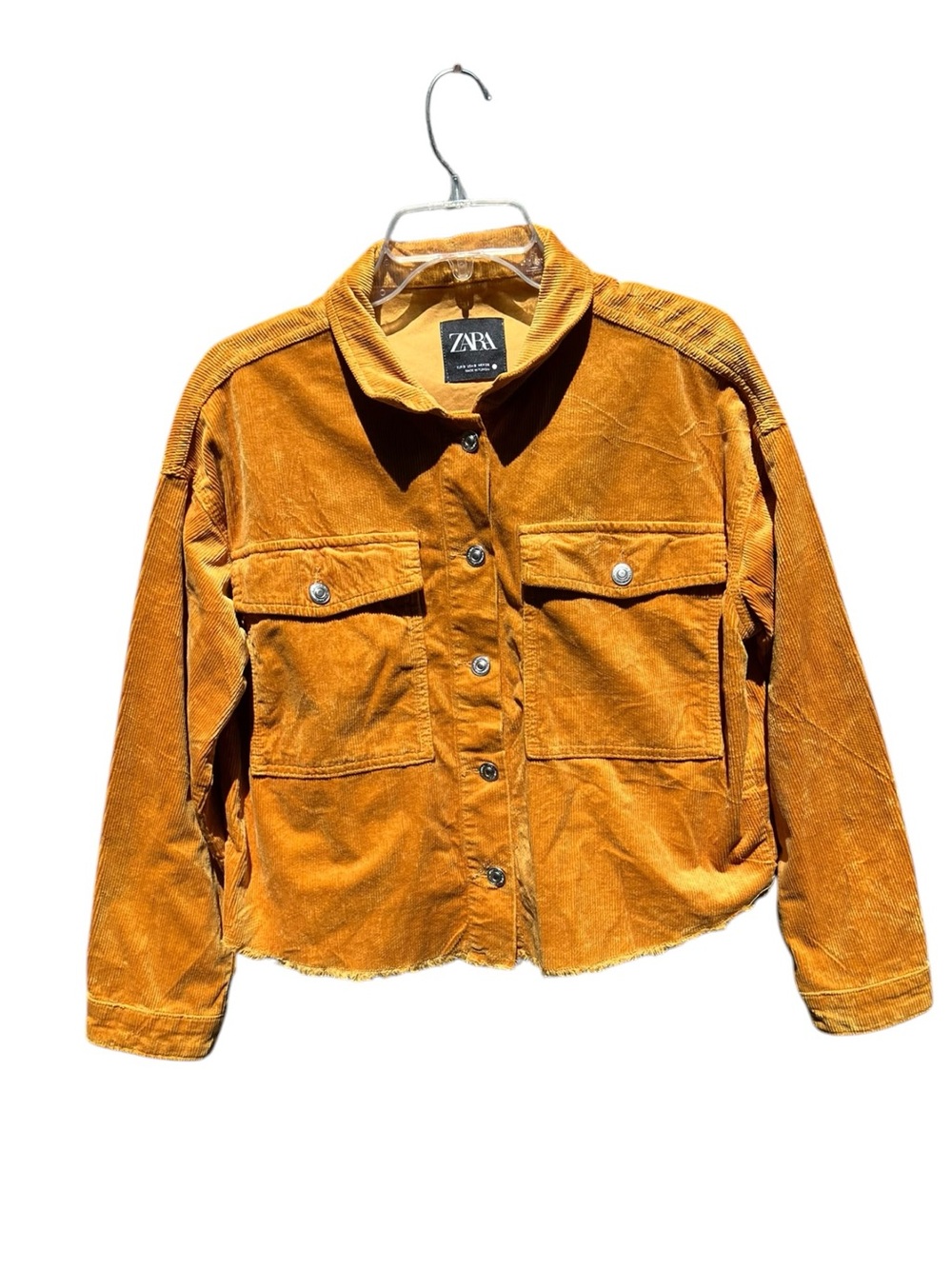 🌻Zara Sell Out Corduroy Jacket Mustard Cropped Oversized Raw Frayed Hem Size S - Picture 4 of 8